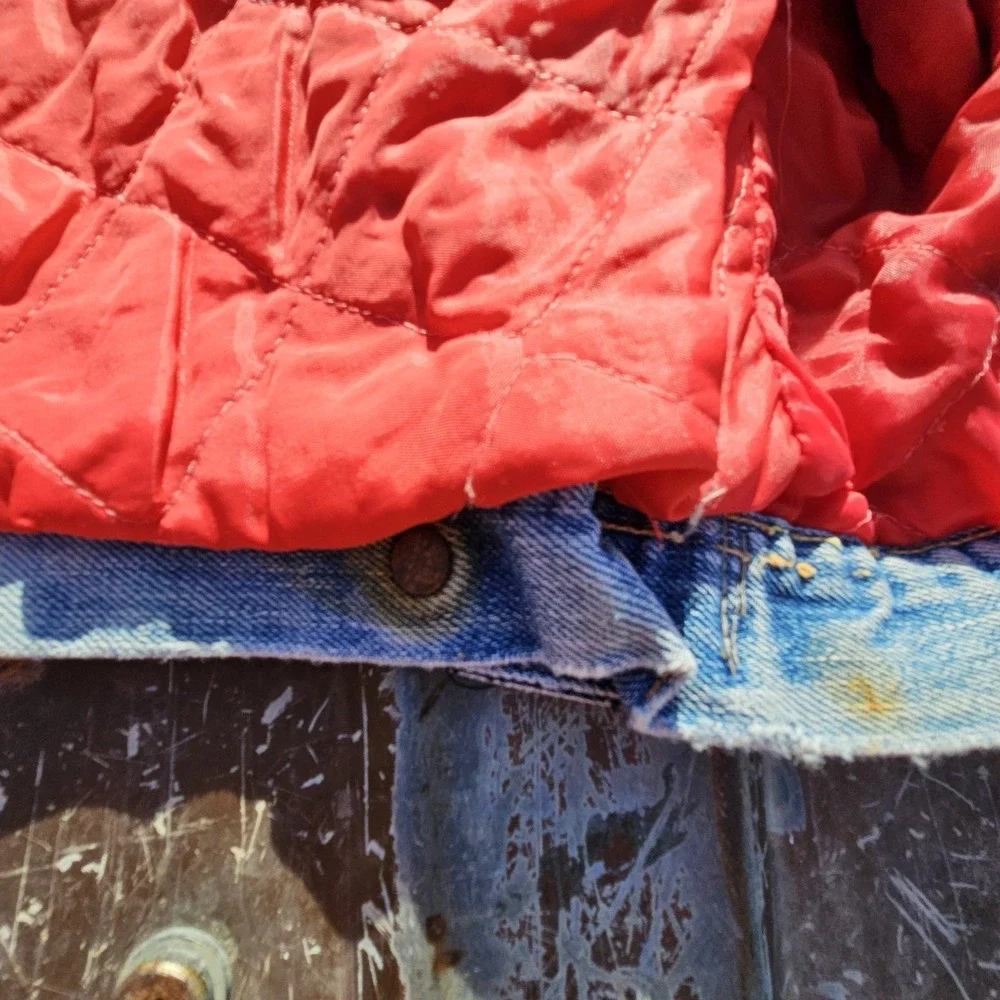 True VTG Lined Denim Trucker Jacket Type 3 Lg (Boxy) Faded And Stained Red Gut